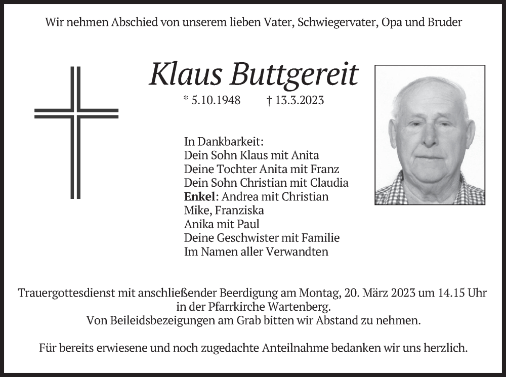  Traueranzeige für Klaus Buttgereit vom 17.03.2023 aus merkurtz