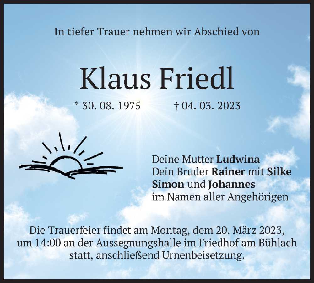  Traueranzeige für Klaus Friedl vom 11.03.2023 aus merkurtz