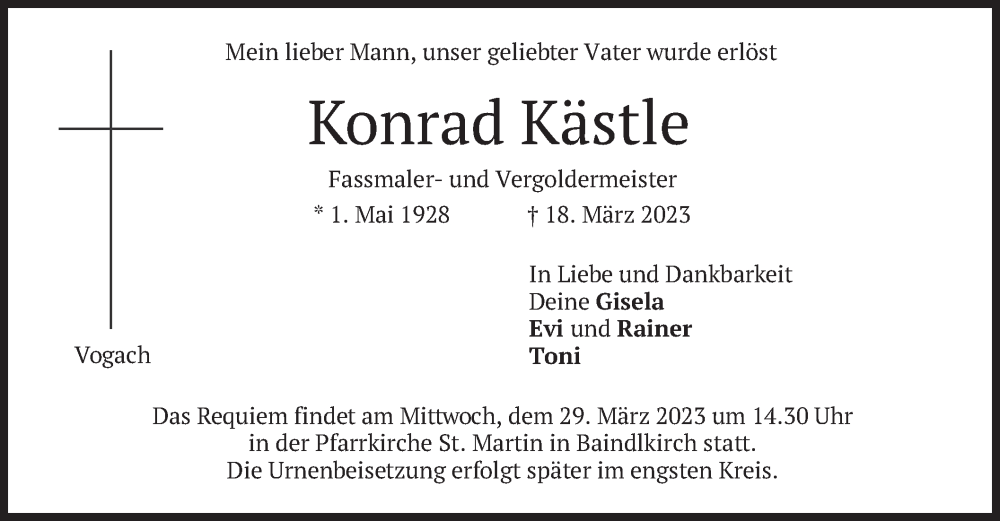  Traueranzeige für Konrad Kästle vom 25.03.2023 aus merkurtz