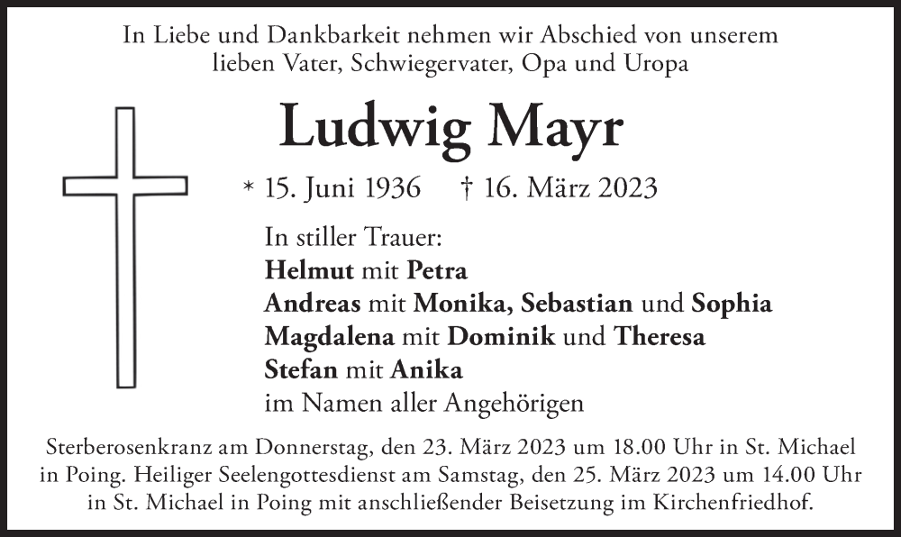  Traueranzeige für Ludwig Mayr vom 21.03.2023 aus merkurtz