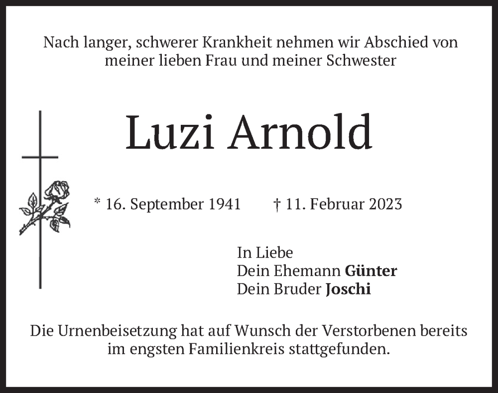  Traueranzeige für Luzi Arnold vom 04.03.2023 aus merkurtz
