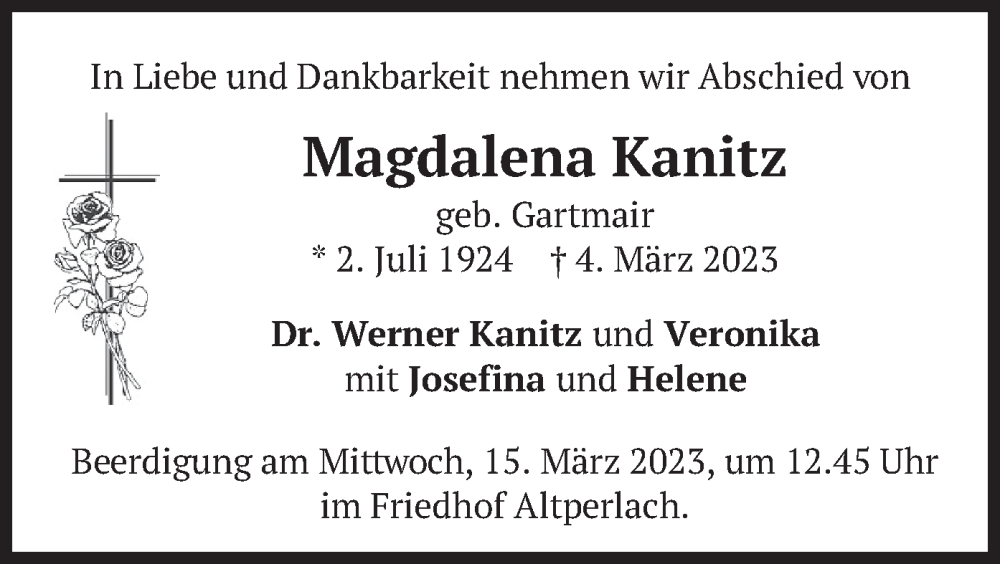  Traueranzeige für Magdalena Kanitz vom 11.03.2023 aus merkurtz