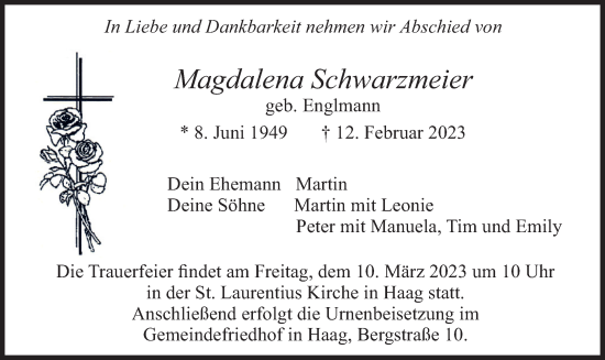 Traueranzeige von Magdalena Schwarzmeier von merkurtz