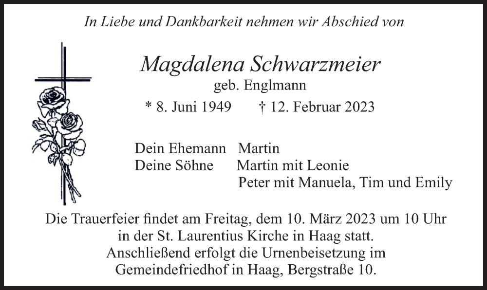  Traueranzeige für Magdalena Schwarzmeier vom 08.03.2023 aus merkurtz