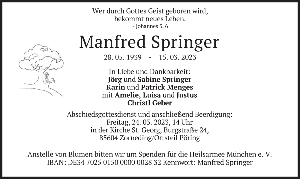  Traueranzeige für Manfred Springer vom 18.03.2023 aus merkurtz
