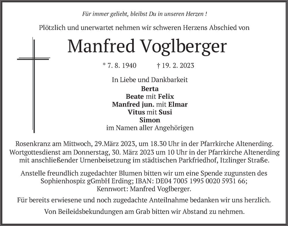  Traueranzeige für Manfred Voglberger vom 25.03.2023 aus merkurtz