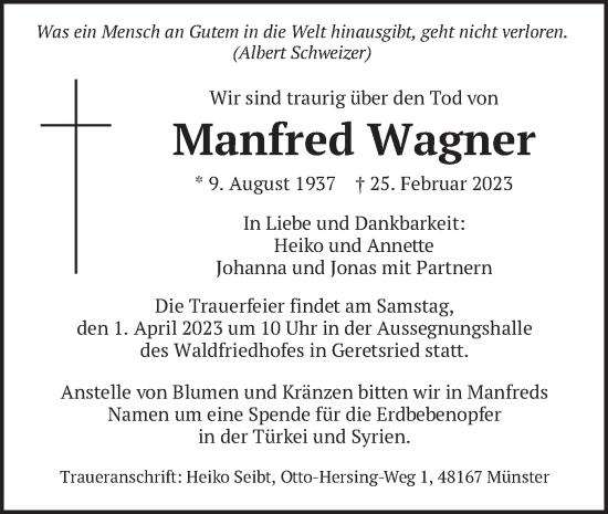 Traueranzeige von Manfred Wagner von merkurtz