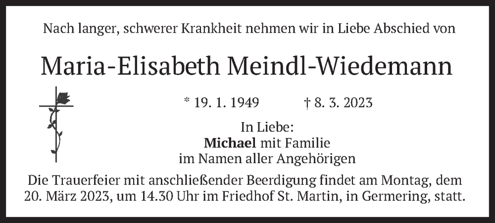  Traueranzeige für Maria-Elisabeth Meindl-Wiedemann vom 18.03.2023 aus merkurtz