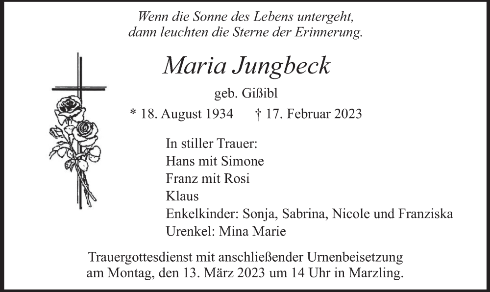 Traueranzeige für Maria Jungbeck vom 10.03.2023 aus merkurtz