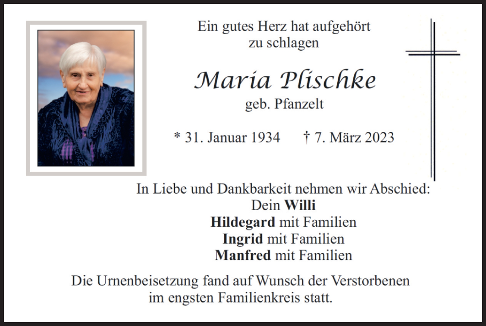  Traueranzeige für Maria Plischke vom 25.03.2023 aus merkurtz