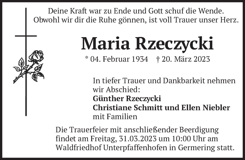  Traueranzeige für Maria Rzeczycki vom 25.03.2023 aus merkurtz