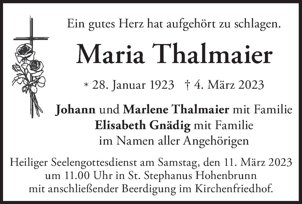  Traueranzeige für Maria Thalmaier vom 08.03.2023 aus merkurtz