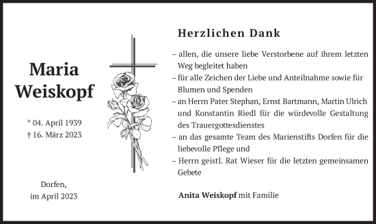 Traueranzeige von Maria Weiskopf von merkurtz