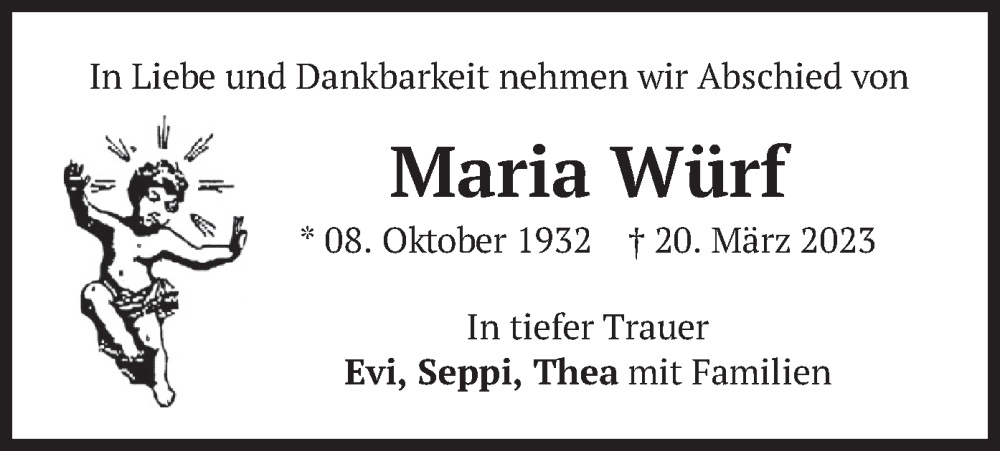  Traueranzeige für Maria Würf vom 25.03.2023 aus merkurtz