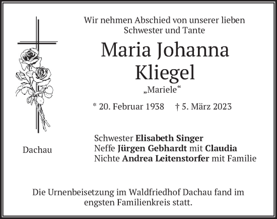 Traueranzeige von Maria Johanna Kliegel von merkurtz
