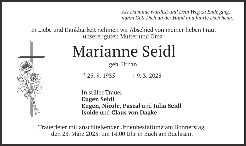  Traueranzeige für Marianne Seidl vom 18.03.2023 aus merkurtz