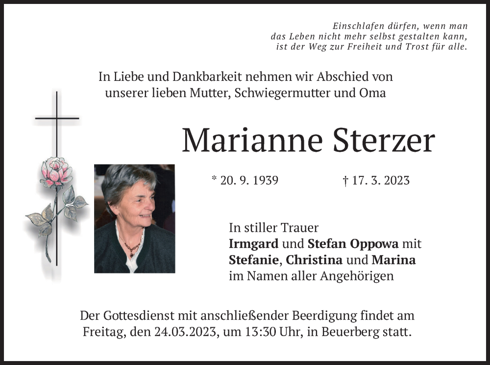  Traueranzeige für Marianne Sterzer vom 22.03.2023 aus merkurtz