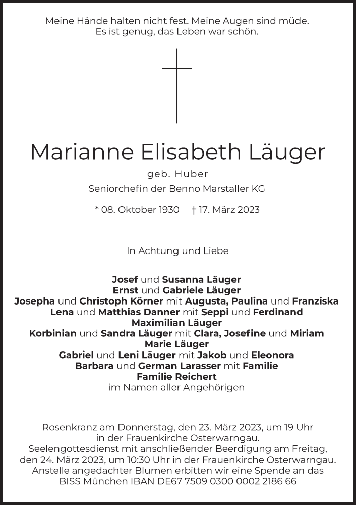  Traueranzeige für Marianne Elisabeth Läuger vom 22.03.2023 aus merkurtz