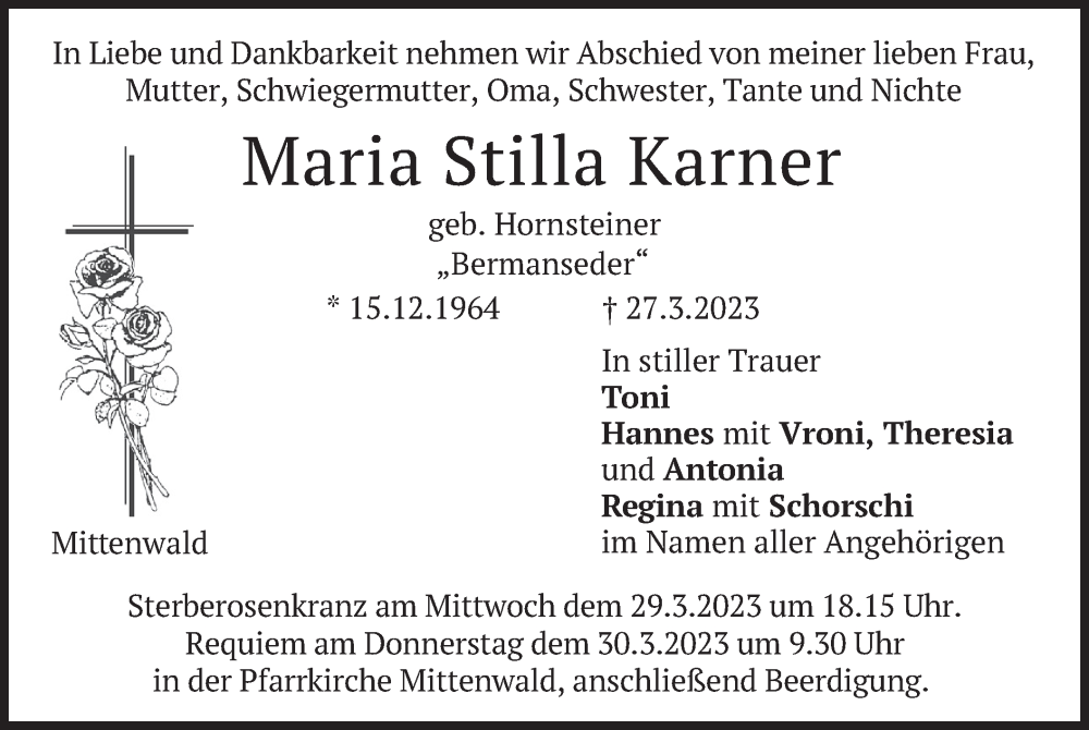  Traueranzeige für Maria Stilla Karner vom 28.03.2023 aus merkurtz