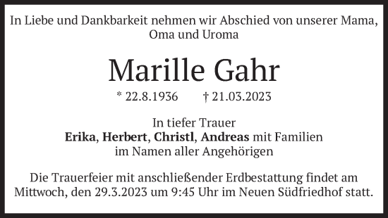 Traueranzeige von Marille Gahr von merkurtz