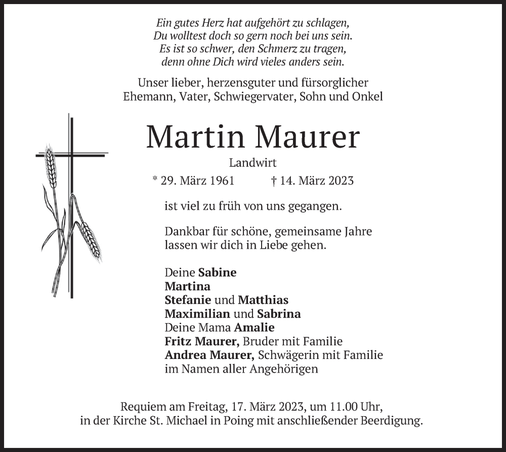  Traueranzeige für Martin Maurer vom 16.03.2023 aus merkurtz