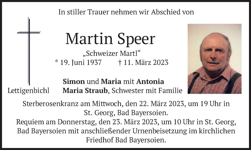  Traueranzeige für Martin Speer vom 20.03.2023 aus merkurtz