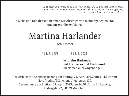 Traueranzeige von Martina Harlander von merkurtz