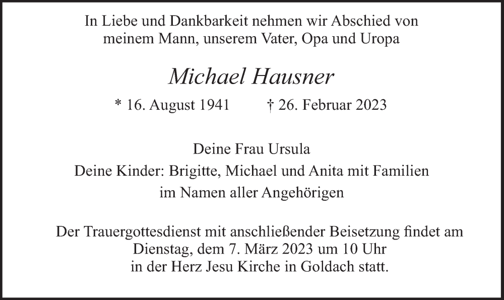  Traueranzeige für Michael Hausner vom 04.03.2023 aus merkurtz