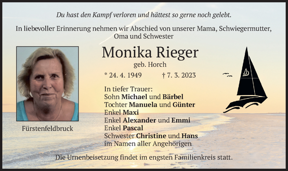  Traueranzeige für Monika Rieger vom 25.03.2023 aus merkurtz