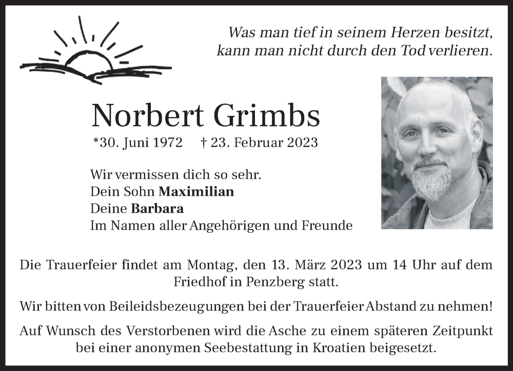  Traueranzeige für Norbert Grimbs vom 04.03.2023 aus Das Gelbe Blatt Penzberg