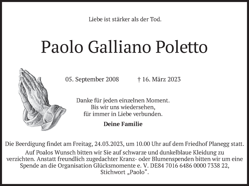  Traueranzeige für Paolo Galliano Poletto vom 18.03.2023 aus merkurtz