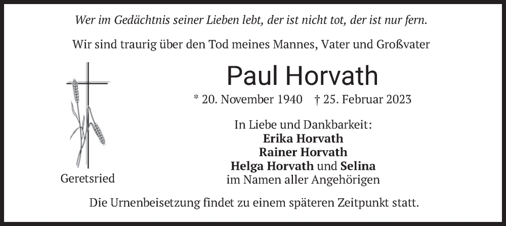 Traueranzeige für Paul Horvath vom 11.03.2023 aus merkurtz