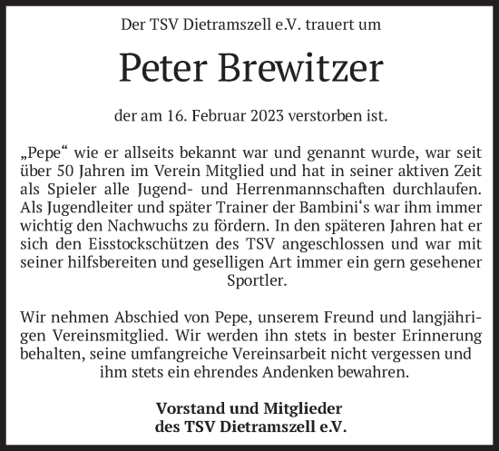 Traueranzeige von Peter Brewitzer von merkurtz
