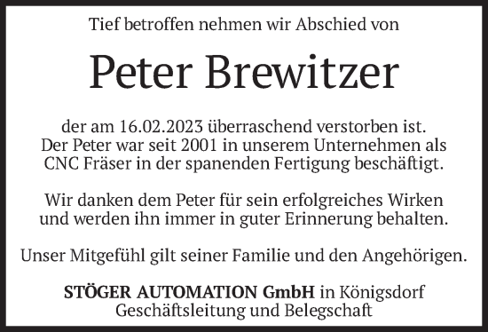 Traueranzeige von Peter Brewitzer von merkurtz