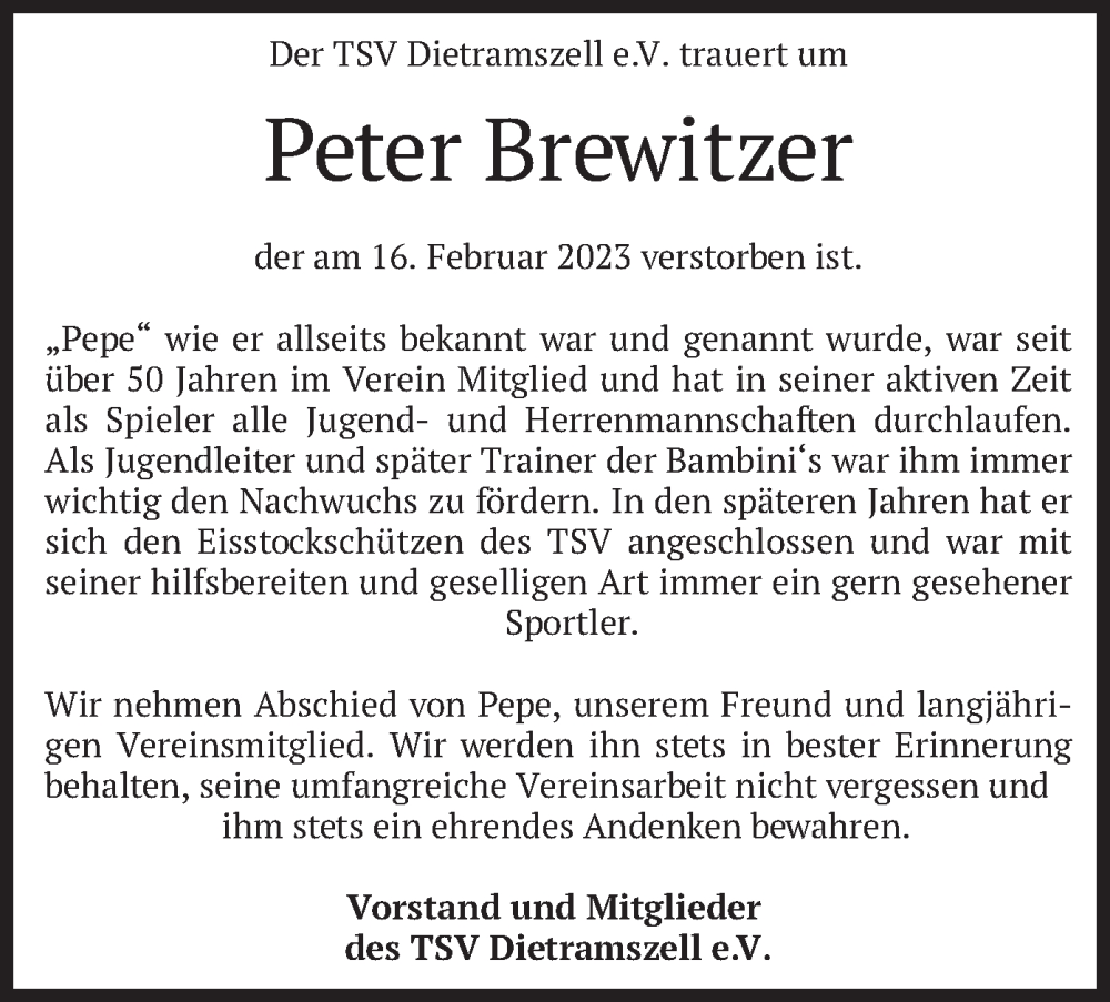  Traueranzeige für Peter Brewitzer vom 11.03.2023 aus merkurtz