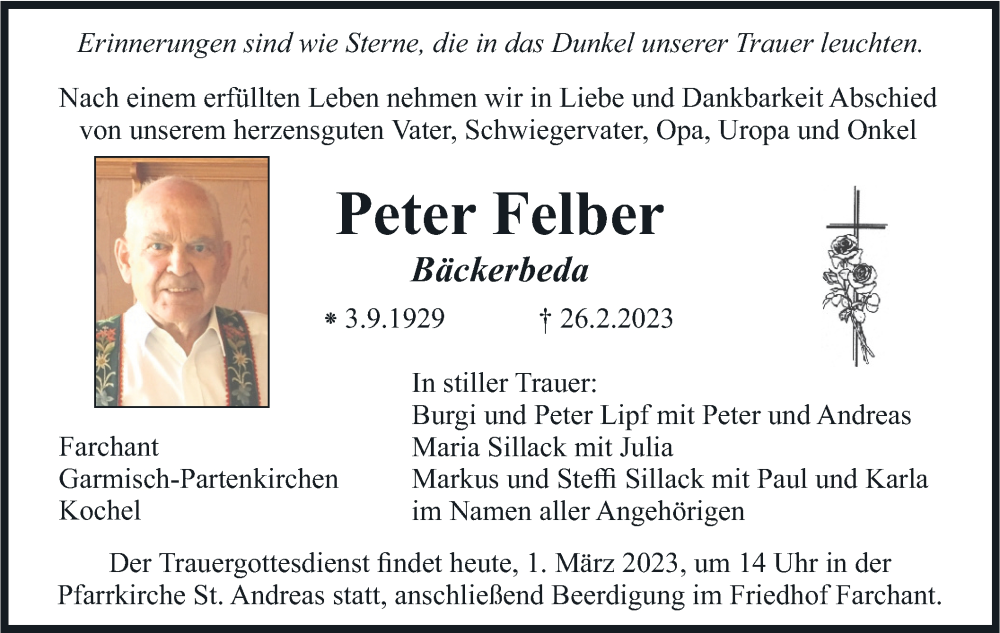  Traueranzeige für Peter Felber vom 01.03.2023 aus merkurtz