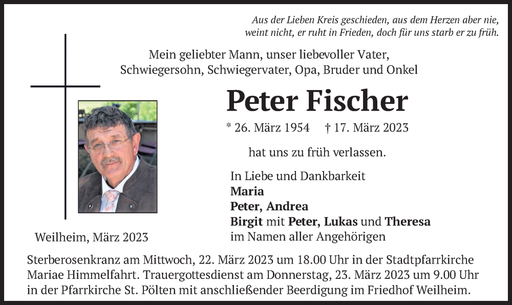  Traueranzeige für Peter Fischer vom 21.03.2023 aus merkurtz