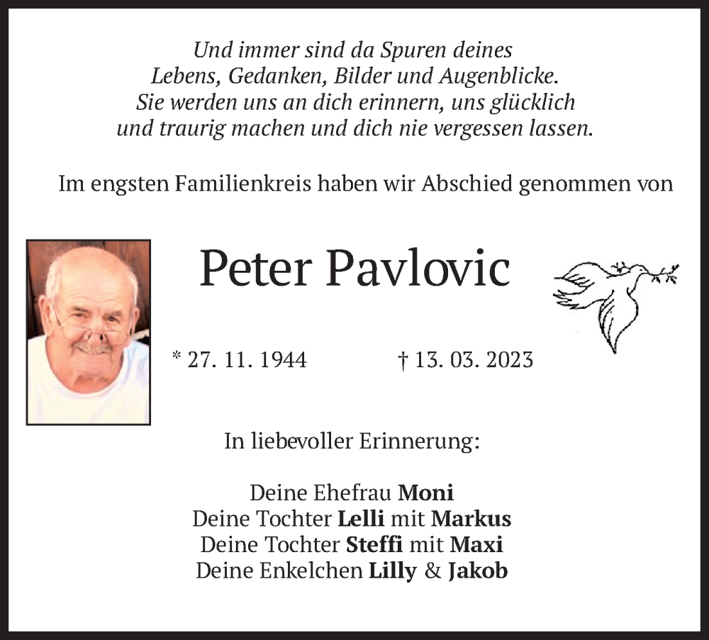  Traueranzeige für Peter Pavlovic vom 25.03.2023 aus merkurtz