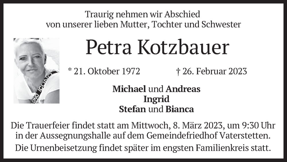  Traueranzeige für Petra Kotzbauer vom 04.03.2023 aus merkurtz