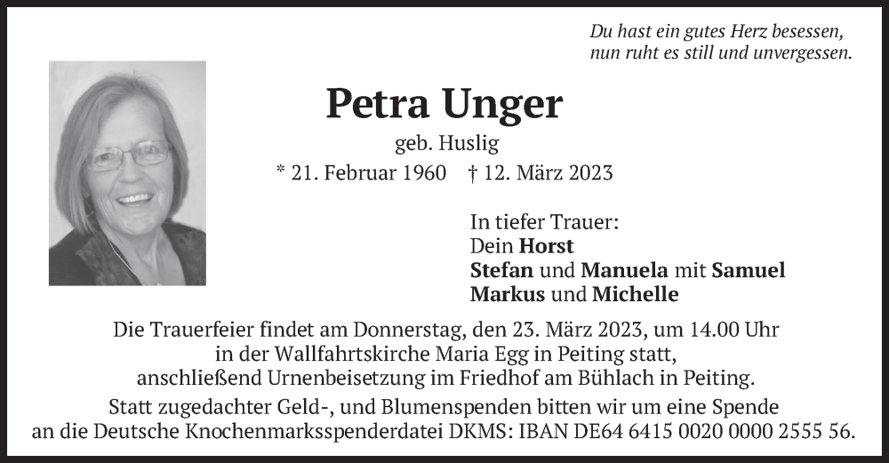  Traueranzeige für Petra Unger vom 15.03.2023 aus merkurtz