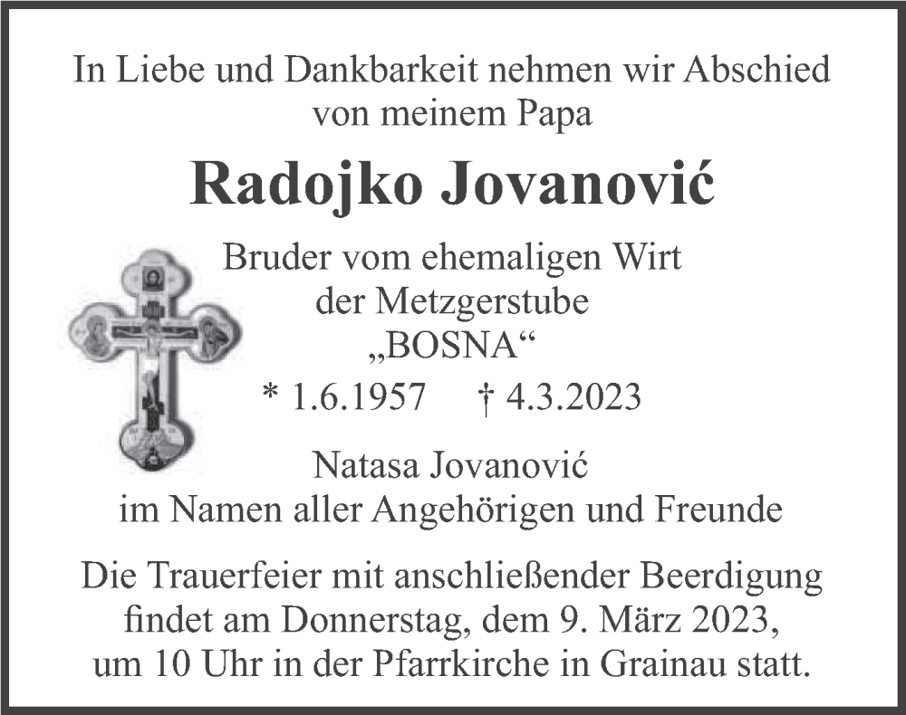 Traueranzeige für Radojko Jovanovic vom 07.03.2023 aus merkurtz