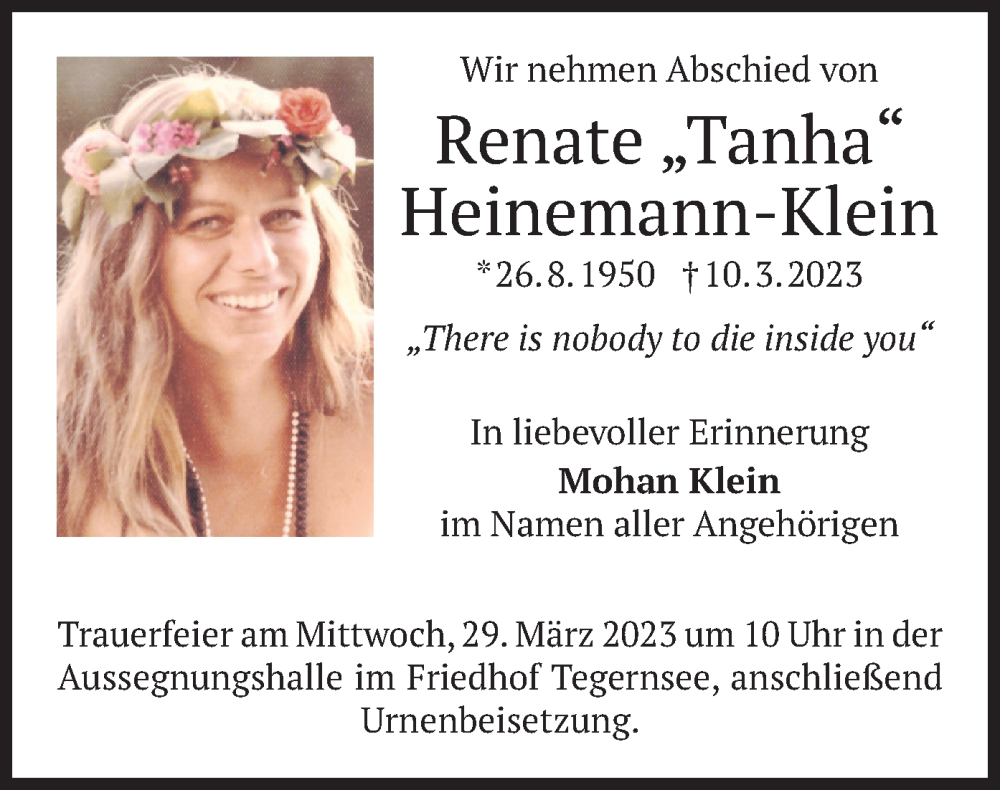  Traueranzeige für Renate Heinemann-Klein vom 25.03.2023 aus merkurtz