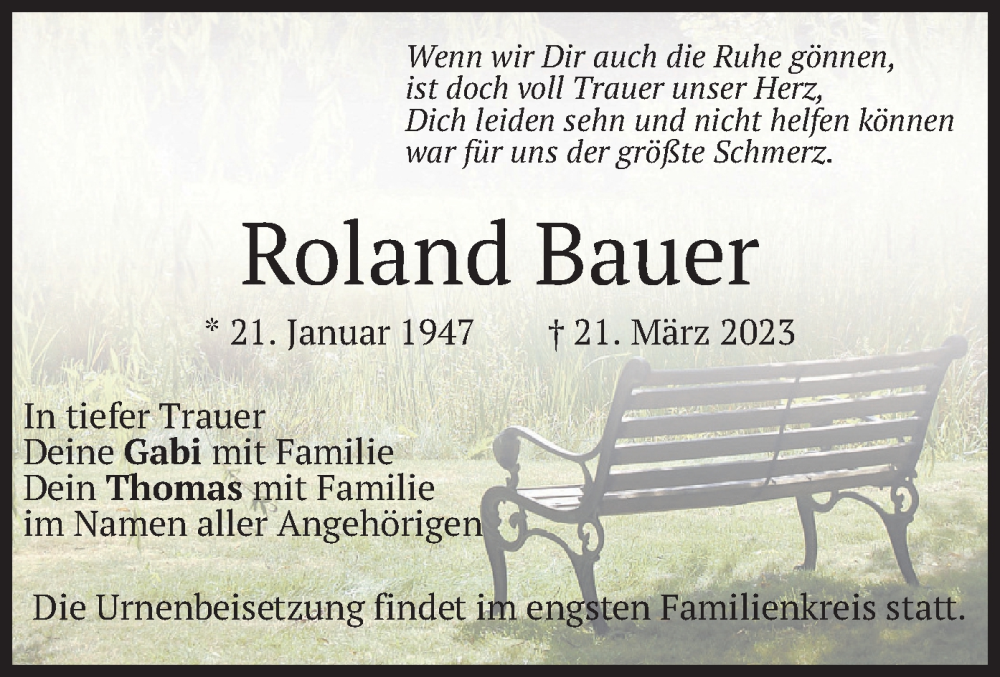  Traueranzeige für Roland Bauer vom 01.04.2023 aus merkurtz