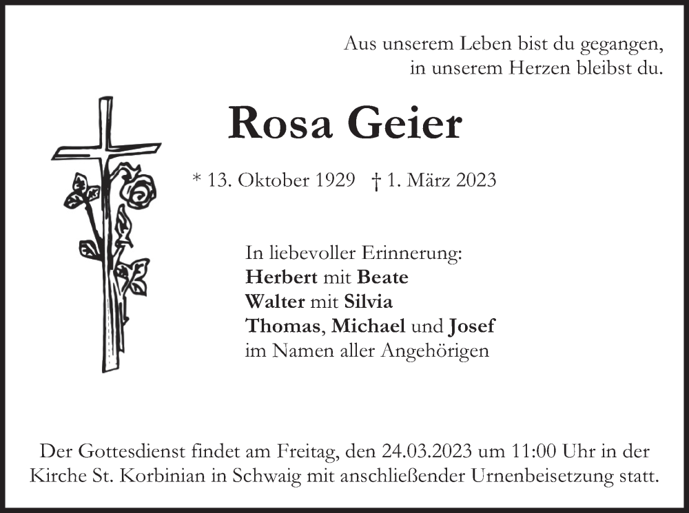  Traueranzeige für Rosa Geier vom 21.03.2023 aus merkurtz
