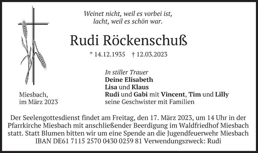  Traueranzeige für Rudi Röckenschuß vom 15.03.2023 aus merkurtz