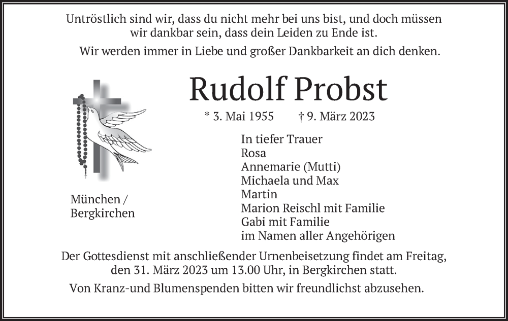  Traueranzeige für Rudolf Probst vom 25.03.2023 aus merkurtz