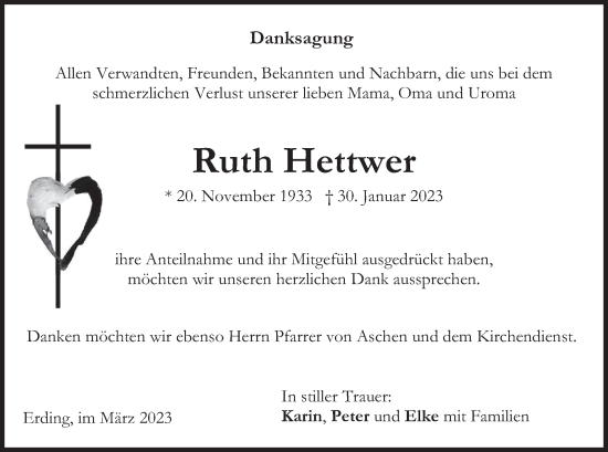 Traueranzeige von Ruth Hettwer von merkurtz