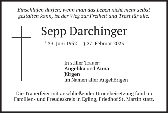 Traueranzeige von Sepp Darchinger von merkurtz