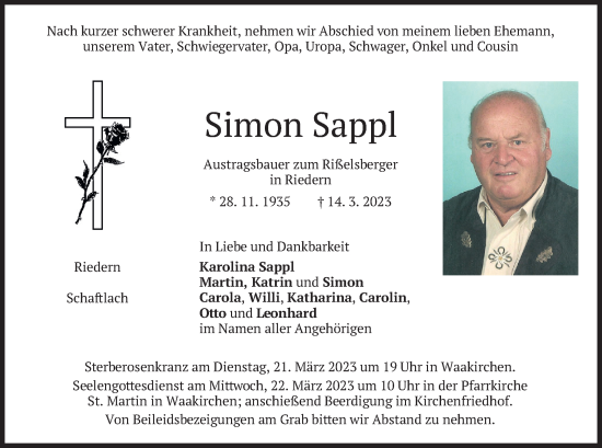 Traueranzeige von Simon Sappl von merkurtz