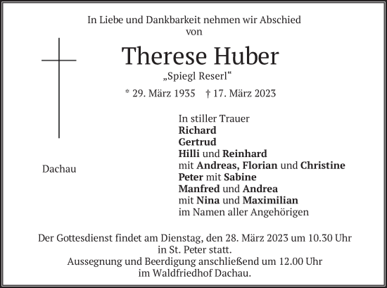 Traueranzeige von Therese Huber von merkurtz